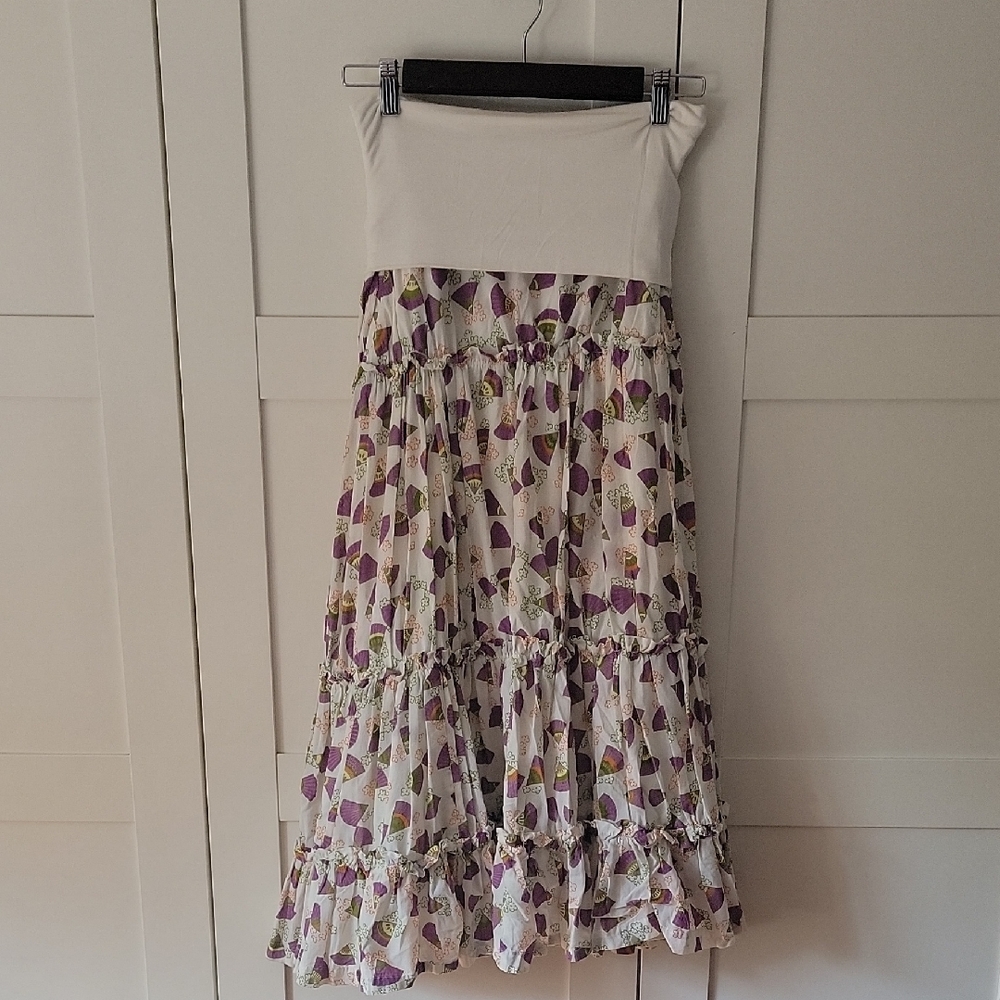 ❄️3/$30 Tiered Flare Boho Maxi Skirt With Whimsical Fan Print